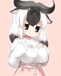Rule 34 | 1girl, alternate costume, animal ears, belt, black bow, black hair, blue wildebeest (kemono friends), blush, bow, breasts, brown eyes, closed mouth, commentary request, cow ears, cow girl, cowboy shot, extra ears, grey belt, grey horns, hair bow, hands on own chest, highres, horns, kemono friends, large breasts, lets0020, long hair, long sleeves, looking at viewer, medium bangs, multicolored hair, pink background, pink skirt, shirt, simple background, skirt, smile, solo, t-shirt, two-tone hair, white hair, white shirt