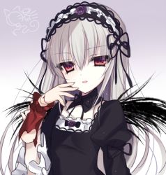 Rule 34 | 1girl, black wings, doll joints, eyebrows, female focus, frills, gothic lolita, gradient background, hairband, holding, holding hands, joints, lolita fashion, lolita hairband, red eyes, rozen maiden, shinku, silver hair, solo, suigintou, torn clothes, tsukikage nemu, upper body, wings