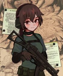 Rule 34 | 1girl, ahoge, borrowed character, brown gloves, brown hair, closed mouth, commentary, ear protection, english commentary, english text, film grain, gloves, gun, h&amp;k ump, h&amp;k ump, hair between eyes, hand up, holding, holding gun, holding weapon, io (onisarashi), light smile, long hair, looking at viewer, note, original, paper, sepia background, short sleeves, solo, submachine gun, sweat, upper body, weapon