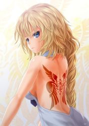 Rule 34 | 1girl, back, back tattoo, backless dress, backless outfit, blonde hair, blue eyes, braid, breasts, dress, fate/grand order, fate (series), jeanne d&#039;arc (fate), jeanne d&#039;arc (girl from orleans) (fate), jeanne d&#039;arc (ruler) (fate), kein hasegawa, large breasts, long hair, looking back, messy hair, sideboob, single braid, solo, tattoo