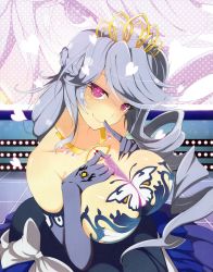 Rule 34 | 1girl, animal print, between breasts, breasts, bug, butterfly, butterfly print, finger to mouth, gloves, hair ornament, highres, insect, jewelry, large breasts, long hair, looking at viewer, necklace, reki (senran kagura), senran kagura, silver hair, smile, solo, tagme, tiara