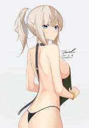 Rule 34 | 1girl, arched back, ass, bare back, bare shoulders, bikini, black bikini, blue eyes, breasts, brown hair, closed mouth, cowboy shot, dated, expressionless, from behind, girls&#039; frontline, hair ornament, hair scrunchie, halterneck, long hair, looking at viewer, looking back, medium breasts, ponytail, pp-19 (girls&#039; frontline), scrunchie, signature, simple background, solo, string bikini, swimsuit, unel, white background, wrist scrunchie