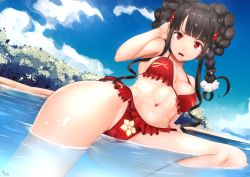 Rule 34 | 10s, 1girl, alternate hairstyle, aoki hagane no arpeggio, ashigara (aoki hagane no arpeggio), beach, bikini, black hair, braid, breasts, cameltoe, chiyo goya, curvy, day, fangs, long hair, looking at viewer, medium breasts, navel, open mouth, partially submerged, red eyes, solo, swimsuit, wide hips