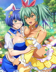 Rule 34 | 2girls, :d, animal ears, blue flower, blue hair, blue ribbon, blue skirt, blue sky, blunt bangs, bob cut, bow, bra, grabbing another&#039;s breast, breast press, breasts, choker, cleavage, collarbone, day, detached collar, detached sleeves, easter egg, egg, eyepatch, fake animal ears, floating hair, flower, frilled skirt, frills, grabbing, green eyes, green hair, hair between eyes, hair bow, hair flower, hair ornament, hairband, ikkitousen, jewelry, large breasts, layered skirt, layered sleeves, long hair, long sleeves, midriff, miniskirt, mole, mole under mouth, multiple girls, navel, neck ribbon, open mouth, outdoors, pendant, pink flower, plaid, plaid skirt, purple flower, rabbit ears, red bow, ribbon, ryofu housen, ryomou shimei, short hair, short sleeves, skirt, sky, smile, sparkle, stomach, underwear, white hairband, yellow bra, yellow choker, yellow flower, yellow skirt, yellow sleeves, yuri