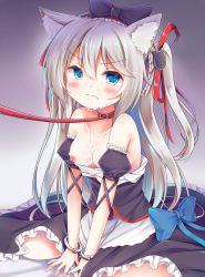 Rule 34 | 1girl, animal ears, apron, azur lane, bare shoulders, bed sheet, black bow, black dress, blue bow, blush, bow, breasts, cat ears, cat hair ornament, closed mouth, collar, collarbone, commentary request, cuffs, cum, cum on body, cum on breasts, cum on upper body, detached sleeves, dress, esureki, facial, frilled dress, frills, hair between eyes, hair bow, hair ornament, hair ribbon, hammann (azur lane), handcuffs, highres, leash, long hair, looking at viewer, nipples, one side up, puffy short sleeves, puffy sleeves, red collar, red ribbon, remodel (azur lane), ribbon, short sleeves, silver hair, sitting, small breasts, solo, strapless, strapless dress, v-shaped eyebrows, very long hair, viewer holding leash, waist apron, wariza, white apron