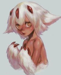 Rule 34 | 1girl, brown eyes, claws, closed mouth, collarbone, faputa, from side, grey background, grey hair, hair ornament, hands up, highres, looking at viewer, made in abyss, medium hair, red lips, rei (tdn ng), shiny skin, simple background, solo
