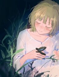Rule 34 | 1girl, animal, blonde hair, blush, bug, butterfly, butterfly on hand, closed eyes, closed mouth, dungeon meshi, falin touden, falin touden (tallman), frimiana, grass, hands up, highres, insect, shirt, short hair, smile, upper body, white shirt