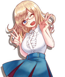 Rule 34 | 1girl, ;d, blonde hair, blue eyes, blush, breasts, center frills, double v, frills, glasses, heart, heart-shaped pupils, large breasts, liar lawyer, long hair, looking at viewer, one eye closed, open mouth, original, red-framed eyewear, shirt, sleeveless, sleeveless shirt, smile, solo, symbol-shaped pupils, v