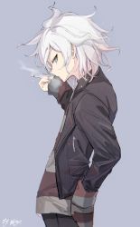 Rule 34 | 1boy, black jacket, black pants, blue background, cigarette, commentary request, danganronpa (series), danganronpa 2: goodbye despair, danganronpa another episode: ultra despair girls, from side, green eyes, hand in pocket, highres, holding, holding cigarette, jacket, komaeda nagito, looking at viewer, male focus, messy hair, pants, parted lips, profile, servant (danganronpa), shirt, signature, simple background, smoke, smoking, solo, striped clothes, striped shirt, white hair, yue (shemika98425261)