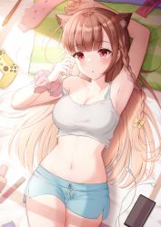 Rule 34 | absurdres, animal ears, armpits, bed sheet, blue shorts, camisole, crop top, earbuds, earphones, food, highres, long hair, lying, midriff, navel, phone, pillow, playstation controller, pocky, shorts, solo, tank top, yukiunag1