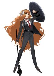 Rule 34 | 1girl, arm shield, arm up, belt, black belt, black footwear, black jacket, black pants, black vest, bow, breasts, collared shirt, ff nami, freckles, full body, hair bow, hairband, highres, holding mace, ishmael (project moon), jacket, limbus company, long hair, looking at viewer, mace, medium breasts, necktie, orange hair, pants, project moon, red necktie, shirt, shoes, sidelocks, simple background, solo, very long hair, vest, weapon, white background, white bow, white shirt