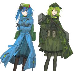 Rule 34 | 2girls, absurdres, aesur a, backpack, bag, black gloves, blue coat, blue eyes, blue hair, box, camouflage, closed mouth, coat, crossed arms, feet out of frame, flat cap, gloves, green coat, green eyes, green hair, green hat, hat, highres, kawashiro nitori, long sleeves, looking at another, multiple girls, pantyhose, pocket, simple background, touhou, two side up, white background, yamashiro takane