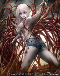 Rule 34 | 10s, 1girl, 2014, armpits, blood, breasts, deadman&#039;s cross, denim, denim shorts, empty eyes, hair censor, long hair, official art, pale skin, raypass, shorts, solo, square enix, tentacles, topless, white hair, zombie