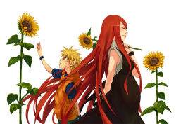 Rule 34 | age difference, blonde hair, blue eyes, closed eyes, facial mark, flower, hinell, long hair, mother and son, naruto (series), naruto shippuuden, red hair, short hair, simple background, sunflower, uzumaki kushina, uzumaki naruto, very long hair
