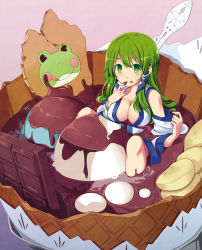 Rule 34 | 1girl, :p, banana, blush, breasts, chocolate, cleavage, detached sleeves, eating, female focus, finger to mouth, food, frog hair ornament, fruit, green eyes, green hair, hair ornament, hair tubes, highres, ice cream, ice cream cone, in food, kochiya sanae, large breasts, long hair, matching hair/eyes, mini person, minigirl, oversized object, pocky, pokey, skirt, smile, snake hair ornament, solo, spoon, tachibana (pixiv), tachibana (tach011194), tongue, tongue out, touhou