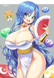 Rule 34 | 1girl, :d, bare shoulders, blue hair, blush, bracer, braid, breasts, cleavage, commentary request, dress, folding fan, green eyes, groin, half updo, hand fan, hand on own hip, highres, huge breasts, long hair, minotaur (puyopuyo), no panties, open mouth, pelvic curtain, puyo (puyopuyo), puyopuyo, rulue (puyopuyo), sash, shuz (dodidu), smile, twitter username, very long hair, white dress