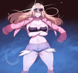 Rule 34 | 1girl, aviator sunglasses, blonde hair, breasts, cleavage, closed mouth, coat, coat on shoulders, commission, crossed arms, denim, denim shorts, exposed pocket, eyewear on head, facing viewer, front-tie top, gunbuster pose, highres, large breasts, long hair, monn (toxmonn), navel, night, night sky, nyantcha, original, pink coat, second-party source, short shorts, shorts, sky, solo, strapless, sunglasses, thick thighs, thighs, toned