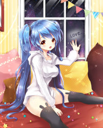 Rule 34 | 1girl, animal ear legwear, bad id, bad pixiv id, between legs, black thighhighs, blue hair, blurry, blush, bokeh, breasts, bunting, depth of field, english text, framed, glass, glass writing, hand between legs, hood, hood down, hoodie, indoors, jian (sezuru), lace, long hair, long sleeves, looking at viewer, luthica preventer, medium breasts, no pants, open mouth, orange eyes, pennant, picture frame, pillow, polka dot pillow, rabbit ear legwear, sitting, smile, solo, sparkle, star (symbol), string of flags, striped, sword girls, text focus, thighhighs, twintails, very long hair, wallpaper (object), window
