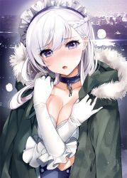 Rule 34 | 1girl, :o, azur lane, backlighting, belfast (azur lane), blush, braid, breasts, chain, cityscape, cleavage, coat, collar, collarbone, commentary request, elbow gloves, french braid, frilled gloves, frills, full-face blush, fur-trimmed coat, fur collar, fur trim, gloves, green coat, head tilt, large breasts, looking at viewer, maid headdress, nose blush, open clothes, open coat, open mouth, purple eyes, solo, white gloves, white hair, x arms, yanyo (ogino atsuki)