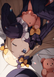 Rule 34 | 1girl, abigail williams (fate), akami fumio, bad id, bad pixiv id, bed sheet, black bow, black dress, black hat, blonde hair, blue eyes, bow, closed mouth, commentary request, dress, dutch angle, fate/grand order, fate (series), forehead, hair bow, hand up, hat, hugging object, long hair, long sleeves, looking at viewer, lying, on back, one eye closed, orange bow, parted bangs, polka dot, polka dot bow, sleeves past fingers, sleeves past wrists, solo, stuffed animal, stuffed toy, teddy bear, unworn hat, unworn headwear, very long hair