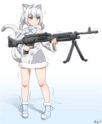 Rule 34 | 1girl, :3, ahoge, animal ear fluff, animal ears, bipod, bow, cat ears, cat girl, cat tail, closed mouth, clothing cutout, crying, crying with eyes open, dress, fangs, fuura yuri, gun, highres, holding, holding gun, holding weapon, long sleeves, m240, machine gun, nervous, nervous smile, phase connect, pigeon-toed, shoulder cutout, simple background, smile, solo, standing, sweat, tail, tears, trembling, trigger discipline, turtleneck, turtleneck dress, virtual youtuber, weapon, white background, white hair, yuuseiakane