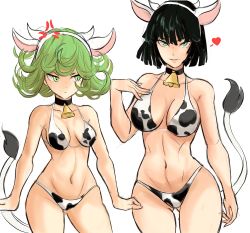 Rule 34 | 2021, 2girls, anger vein, angry, animal ears, animal print, bell, bikini, black hair, breast envy, breasts, chinese zodiac, cleavage, collar, commentary, cow ears, cow horns, cow print, cow print bikini, cow tail, cowbell, curly hair, english commentary, fake animal ears, fake horns, female focus, flipped hair, fubuki (one-punch man), gluteal fold, green eyes, green hair, heart, height difference, highres, horns, large breasts, looking at another, looking at viewer, matching hair/eyes, medium breasts, midriff, multiple girls, navel, neck bell, new year, one-punch man, print bikini, rakeemspoon, short hair, siblings, sisters, spaghetti strap, spoken heart, standing, swimsuit, tail, tatsumaki, toned, year of the ox