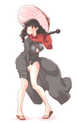 Rule 34 | 1girl, ajirogasa, bad id, bad pixiv id, black dress, black hair, blush, braid, breasts, cleavage, cleavage cutout, clothing cutout, dress, hat, highres, large breasts, long hair, looking at viewer, medium breasts, non (z-art), red eyes, simple background, solo, tabi, touhou, twin braids, white background, yatadera narumi