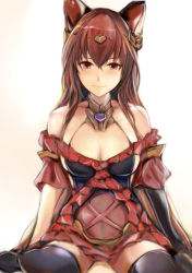 Rule 34 | 10s, 1girl, animal ears, anthuria, bad id, bad pixiv id, bare shoulders, black gloves, black thighhighs, breasts, cleavage, closed mouth, dress, elbow gloves, erune, gloves, granblue fantasy, hair ornament, long hair, looking at viewer, medium breasts, nannacy7, red dress, red eyes, red hair, single glove, sitting, smile, solo, thighhighs, wariza
