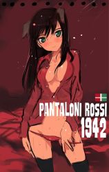 Rule 34 | 1girl, animal ears, blush, breasts, brown hair, cleavage, federica n. doglio, green eyes, italian text, long hair, medium breasts, open clothes, open shirt, panties, panty pull, red panties, shimada fumikane, shirt, solo, strike witches, strike witches: kurenai no majo-tachi, thighhighs, underwear, world witches series