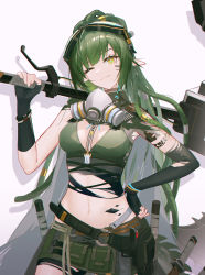 Rule 34 | 1girl, ;), absurdres, arknights, ash-c, belt, black gloves, bracelet, braid, breasts, elbow gloves, facial mark, fingerless gloves, gavial (arknights), gavial the invincible (arknights), gloves, goggles, goggles on head, green hair, hammer, hand on own hip, highres, holding, holding hammer, jewelry, long hair, looking at viewer, material growth, midriff, navel, necklace, one eye closed, oripathy lesion (arknights), over shoulder, pointy ears, smile, solo, torn clothes, torn gloves, weapon, weapon over shoulder, yellow eyes