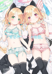 Rule 34 | 2girls, :&lt;, black thighhighs, blonde hair, blue archive, blush, bow, bra, closed mouth, green bow, green eyes, green halo, hair bow, halo, highres, holding hands, kani biimu, looking at viewer, lying, medium hair, midori (blue archive), momoi (blue archive), multiple girls, navel, on back, panties, pink bow, pink eyes, pink halo, smile, striped clothes, striped panties, sweatdrop, thighhighs, underwear