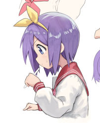Rule 34 | 1girl, bad id, bad pixiv id, blue eyes, chagama teishoku, commentary request, hairband, highres, hiiragi tsukasa, holding, holding pen, long sleeves, lucky star, pen, purple hair, red sailor collar, ryouou school uniform, sailor collar, school uniform, serafuku, simple background, solo, white background, yellow hairband