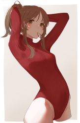Rule 34 | 1girl, arched back, blush, breasts, brown eyes, brown hair, cowboy shot, enushi, hair tie in mouth, heattech leotard, highleg, highleg leotard, highres, holding, holding own hair, idolmaster, idolmaster cinderella girls, leotard, long hair, long sleeves, looking at viewer, mouth hold, ponytail, red leotard, ribbed leotard, small breasts, solo, sweater, takamori aiko, turtleneck, tying hair