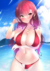 Rule 34 | 1girl, absurdres, arm under breasts, bare shoulders, beach, bikini, blush, breast hold, breasts, cleavage, closed mouth, collarbone, earrings, fang, gradient hair, hair between eyes, hair down, halterneck, heart, heart earrings, heart necklace, heterochromia, highres, hololive, houshou marine, houshou marine (summer), jewelry, large breasts, long hair, looking at viewer, multicolored hair, navel, necklace, outdoors, purple hair, red bikini, red eyes, red hair, skin fang, smile, solo, string bikini, swimsuit, thighs, virtual youtuber, water, wet, yellow eyes, zyunsei777