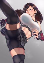 Rule 34 | 1girl, abs, ass, bare shoulders, belt, bike shorts, breasts, brown eyes, brown hair, cameltoe, crotch, earrings, elbow gloves, final fantasy, final fantasy vii, final fantasy vii remake, fingerless gloves, fingernails, gloves, highres, jewelry, kicking, large breasts, leg up, long hair, low-tied long hair, midriff, nail polish, navel, pleated skirt, shorts, shorts under skirt, skindentation, skirt, solo, sonparesu, square enix, suspenders, tank top, taut clothes, thighhighs, thighs, tifa lockhart, toned, undershirt, upskirt