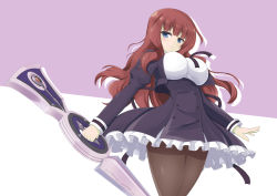 Rule 34 | 1girl, assault lily, black ribbon, black skirt, blue eyes, blunt bangs, breasts, brown hair, brown pantyhose, buttons, closed mouth, commentary request, cowboy shot, cropped jacket, drop shadow, frilled skirt, frills, high-waist skirt, highres, holding, holding weapon, juliet sleeves, kaede johan nouvel, large breasts, light blush, long hair, long sleeves, looking at viewer, migotaa, miniskirt, neck ribbon, pantyhose, puffy sleeves, purple background, ribbon, school uniform, shirt, skirt, smile, solo, standing, two-tone background, wavy hair, weapon, white background, white shirt, yurigaoka girls academy school uniform