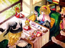Rule 34 | 2girls, alice margatroid, apron, bad id, bad pixiv id, blonde hair, blue eyes, bow, box, capelet, chirarizushi, cookie, doll, fabric, food, frills, hair bow, hairband, hat, hat bow, kirisame marisa, light particles, lolita hairband, long hair, multiple girls, needle, painting (medium), pillow, scissors, sewing, sewing kit, sewing needle, shanghai doll, short hair, sitting, touhou, traditional media, watercolor (medium), witch hat