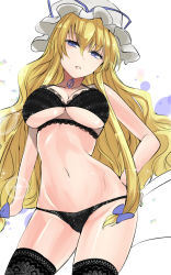 Rule 34 | 1girl, alternate eye color, bare arms, bare shoulders, black bra, black panties, black thighhighs, blonde hair, blue bow, blue eyes, blue ribbon, bow, bra, breasts, commentary request, cowboy shot, groin, hair between eyes, hair bow, hand on own hip, hat, hat ribbon, head tilt, highres, large breasts, lens flare, long hair, looking at viewer, mob cap, navel, one-hour drawing challenge, panties, parted lips, ribbon, simple background, solo, sparkle, standing, stomach, thighhighs, thighs, touhou, underwear, underwear only, very long hair, white background, white hat, y2, yakumo yukari