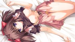 Rule 34 | 1girl, bed, berry&#039;s, blush, breasts, brown hair, clothes lift, game cg, highres, izuno youko, large breasts, long hair, looking at viewer, lying, nanao naru, nipples, no bra, panties, purple eyes, shirt lift, skirt, skirt lift, solo, sweat, thighs, twintails, underwear, upskirt