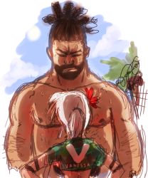 Rule 34 | 1boy, 1girl, backboob, beard, breasts, candybeyatch, chest hair, confrontation, crop top, dark skin, dark-skinned male, facial hair, flower, hair flower, hair ornament, dreadlocks, height difference, jeffry mcwild, nipples, ponytail, size difference, sketch, vanessa lewis, virtua fighter, white hair