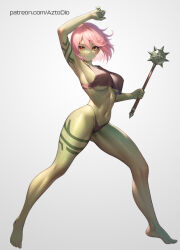 Rule 34 | 1girl, ai-assisted, arm up, armpits, aztodio, barefoot, breasts, colored skin, commentary, crop top, english commentary, female goblin, full body, goblin, gradient background, green skin, grey background, holding, holding weapon, large breasts, leg tattoo, legs, looking at viewer, mace, navel, original, patreon username, pink hair, red eyes, short hair, solo, standing, tattoo, thighs, weapon