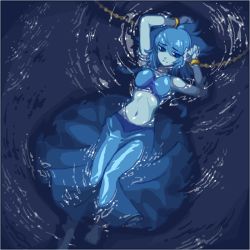 Rule 34 | 1girl, arms up, bad id, bad twitter id, bdsm, blue eyes, blue hair, blue skin, bondage, bound, bound wrists, chained wrists, chain, closed mouth, colored skin, dokur01, dress, lapis lazuli (steven universe), lying, midriff, navel, on back, partially submerged, skirt, solo, steven universe, stomach, water, wet