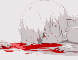 Rule 34 | 1boy, 1other, absurdres, albino, avogado6, blood, colored skin, fingernails, french commentary, highres, implied death, licking blood, male focus, original, pale skin, pointy ears, portrait, red eyes, simple background, solo focus, tongue, tongue out, vampire, white background, white hair, white skin