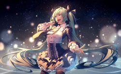 Rule 34 | 1girl, :d, black necktie, black ribbon, black thighhighs, blurry, breasts, center frills, cowboy shot, dress, fireflies, frilled sleeves, frills, green eyes, green hair, hair between eyes, hair ribbon, hatsune miku, headset, highres, long hair, long sleeves, looking away, maple, maple (maplehy), medium breasts, music, necktie, open mouth, petticoat, puffy long sleeves, puffy sleeves, ribbon, singing, smile, solo, thighhighs, twintails, very long hair, vocaloid, zettai ryouiki