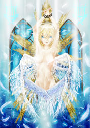Rule 34 | 1girl, angel, chain, covering crotch, covering privates, falling feathers, feathers, highres, nude, original, shiiku, solo, wings