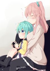 Rule 34 | 1boy, 1girl, age difference, black skirt, black thighhighs, blue eyes, blue hair, blush, child, closed eyes, controller, couch, eyepatch, game controller, hetero, hug, hug from behind, japanese clothes, kiss, mole, mole under eye, nei (os), original, os (os fresa), pink hair, playing games, scrunchie, side ponytail, skirt, socks, souta (os), thighhighs, translated