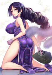 Rule 34 | 1girl, ass, back, bare shoulders, blush, braid, breasts, china dress, chinese clothes, dress, earrings, fate/grand order, fate (series), feather boa, gloves, heroic spirit traveling outfit, high heels, highres, jewelry, kneeling, large breasts, long hair, looking at viewer, looking back, low-tied long hair, minamoto no raikou (fate), minamoto no raikou (traveling outfit) (fate), parted bangs, purple dress, purple eyes, purple gloves, purple hair, side slit, smile, solo, very long hair, youshuu