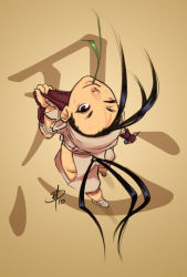 Rule 34 | 1girl, antenna hair, ass, bandages, black hair, brown eyes, capcom, fingerless gloves, from above, gloves, hip vent, ibuki (street fighter), long hair, looking at viewer, ninja, one eye closed, polarityplus, ponytail, scarf, signature, sleeveless, solo, street fighter, street fighter iii (series), toeless legwear, wink