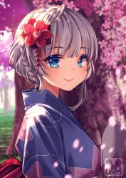 Rule 34 | 1girl, blunt bangs, blurry, braid, closed mouth, commentary, commission, day, depth of field, english commentary, flower, hair flower, hair ornament, hand fan, japanese clothes, kimono, law of creation, monster girl, murmoruno, outdoors, paper fan, smile, solo, uchiwa, yukata