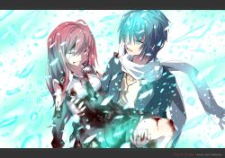 Rule 34 | 10s, 1boy, 1girl, blood, breasts, closed eyes, cross, dies irae, fujii ren, highres, jacket, jewelry, letterboxed, long hair, looking at another, necklace, open mouth, red hair, rusalka schwagerin, scarf, shinza bansho series, shirt, sleeveless, sleeveless shirt, white shirt